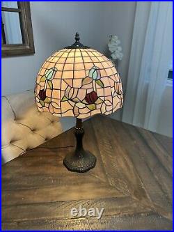Vintage Tiffany Style Floral Blue Rose Stained Slag Glass Table Lamp