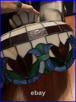 Vintage Tiffany Style Hanging Lamp Metal & Stained / Slag Glass With Real Flowers