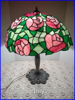 Vintage Tiffany Style MILLER Leaded Stained Slag Glass Floral Shade Table Lamp