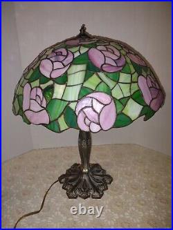 Vintage Tiffany Style MILLER Leaded Stained Slag Glass Floral Shade Table Lamp