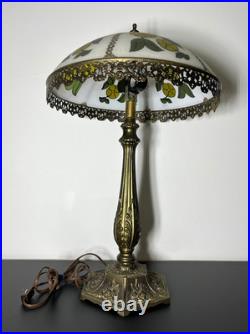 Vintage Tiffany Style Ornate Metal Slag Glass Table Lamp