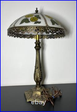 Vintage Tiffany Style Ornate Metal Slag Glass Table Lamp