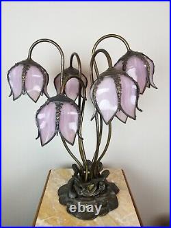 Vintage Tiffany Style Pink Slag Glass 6 Light Lily Pad Base Floral Table Lamp