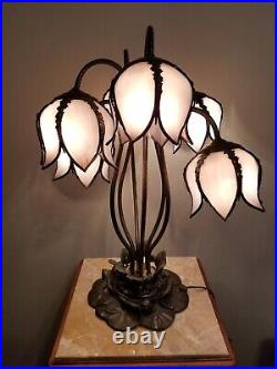 Vintage Tiffany Style Pink Slag Glass 6 Light Lily Pad Base Floral Table Lamp