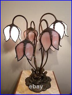 Vintage Tiffany Style Pink Slag Glass 6 Light Lily Pad Base Floral Table Lamp