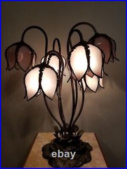 Vintage Tiffany Style Pink Slag Glass 6 Light Lily Pad Base Floral Table Lamp