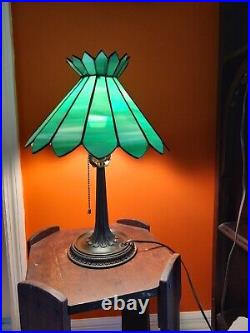 Vintage Tiffany Style Stained Glass Slag Glass Green Table Lamp 16H
