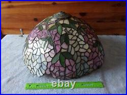 Vintage Tiffany Style Stained Glass Slag Lamp Shade Pink & Purple Flowers Grapes