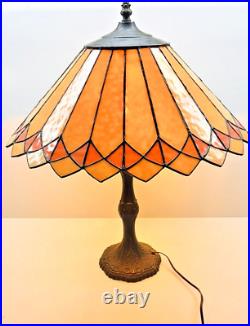 Vintage Tiffany Style Stained Slag Glass Cast Metal Base Table Lamp 23 x 19