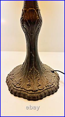 Vintage Tiffany Style Stained Slag Glass Cast Metal Base Table Lamp 23 x 19
