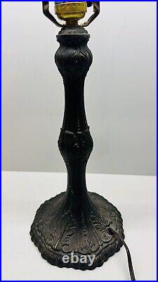 Vintage Tiffany Style Stained Slag Glass Cast Metal Base Table Lamp 23 x 19