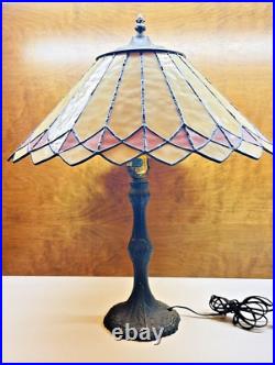 Vintage Tiffany Style Stained Slag Glass Cast Metal Base Table Lamp 23 x 19