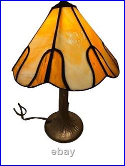 Vintage Tiffany Style Stained Slag Glass Cast Metal Table Lamp 15 Base Tree