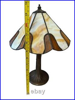 Vintage Tiffany Style Stained Slag Glass Cast Metal Table Lamp 15 Base Tree
