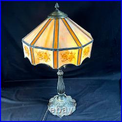 Vintage Tiffany Style Stained Slag Glass Cast Metal Table Lamp 29'