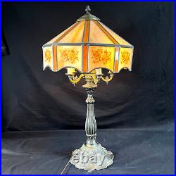 Vintage Tiffany Style Stained Slag Glass Cast Metal Table Lamp 29'