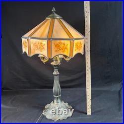 Vintage Tiffany Style Stained Slag Glass Cast Metal Table Lamp 29'