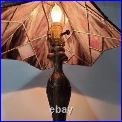 Vintage Tiffany Style Stained Slag Glass Table Lamp Pink Purple White Handmade