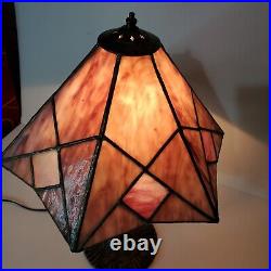 Vintage Tiffany Style Stained Slag Glass Table Lamp Pink Purple White Handmade