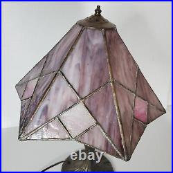 Vintage Tiffany Style Stained Slag Glass Table Lamp Pink Purple White Handmade