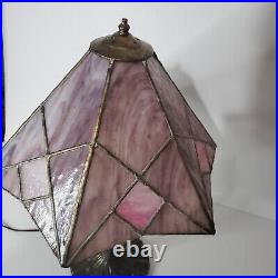 Vintage Tiffany Style Stained Slag Glass Table Lamp Pink Purple White Handmade