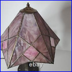 Vintage Tiffany Style Stained Slag Glass Table Lamp Pink Purple White Handmade