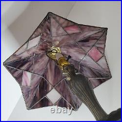 Vintage Tiffany Style Stained Slag Glass Table Lamp Pink Purple White Handmade