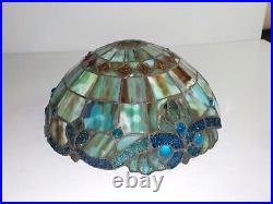 Vintage Tiffany Style Stained glass Lamp Shade Slag Akro Green Blue MCM