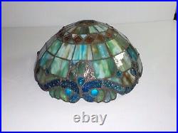 Vintage Tiffany Style Stained glass Lamp Shade Slag Akro Green Blue MCM