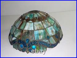 Vintage Tiffany Style Stained glass Lamp Shade Slag Akro Green Blue MCM