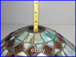 Vintage Tiffany Style Stained glass Lamp Shade Slag Akro Green Blue MCM