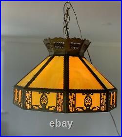 Vintage Tudor Tiffany Style Slag Glass Hanging Lamp / Pristine Condition