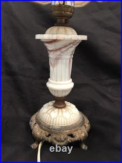 Vintage UV Reactive Pale Green & Beige Slag Glass 15 Table Lamp And Shade