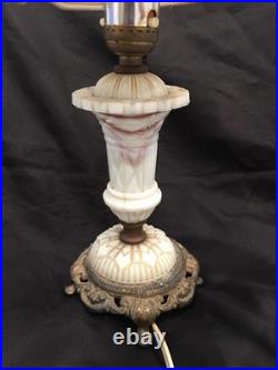 Vintage UV Reactive Pale Green & Beige Slag Glass 15 Table Lamp And Shade