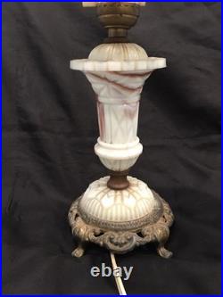 Vintage UV Reactive Pale Green & Beige Slag Glass 15 Table Lamp And Shade