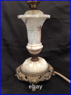 Vintage UV Reactive Pale Green & Beige Slag Glass 15 Table Lamp And Shade