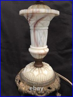 Vintage UV Reactive Pale Green & Beige Slag Glass 15 Table Lamp And Shade