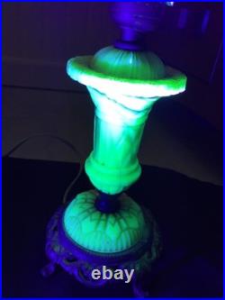 Vintage UV Reactive Pale Green & Beige Slag Glass 15 Table Lamp And Shade