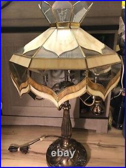 Vintage Unique Caramel Slag Glass Etched Birds Lily Base Table Lamp