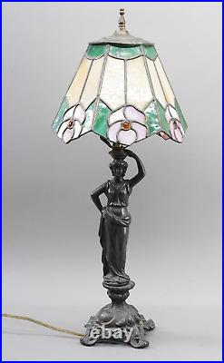 Vintage Victorian Figural Woman / Goddess Metal Lamp With Slag Shade 23 High