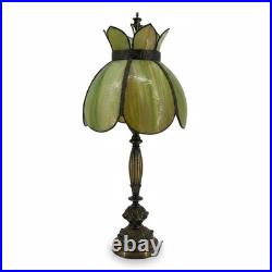 Vintage Victorian Slag Glass Tulip Lotus Table Lamp Green Amber Ornate Brass