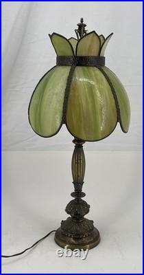 Vintage Victorian Slag Glass Tulip Lotus Table Lamp Green Amber Ornate Brass Vintage Victorian Slag Glass Tulip Lotus Table Lamp Green Amber Ornate Brass