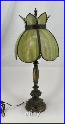 Vintage Victorian Slag Glass Tulip Lotus Table Lamp Green Amber Ornate Brass