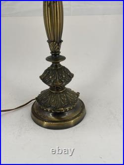 Vintage Victorian Slag Glass Tulip Lotus Table Lamp Green Amber Ornate Brass