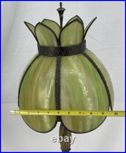 Vintage Victorian Slag Glass Tulip Lotus Table Lamp Green Amber Ornate Brass