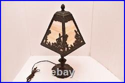 Vintage Victorian Slag Stained Glass Shade Table Lamp Boudoir ATQ Windmill Scene