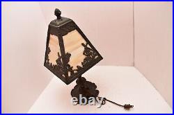 Vintage Victorian Slag Stained Glass Shade Table Lamp Boudoir ATQ Windmill Scene