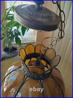Vintage Victorian Style 8 Panel Amber Swirl Tulip Slag Glass Ceiling Lamp