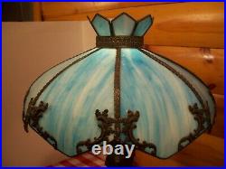 Vintage Victorian Style Figural Base Blue Slag Bent Panel Shade