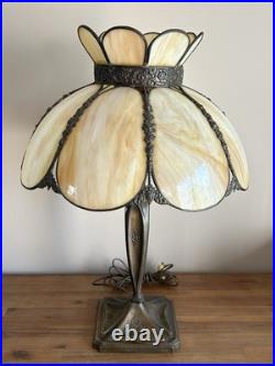 Vintage Victorian Style Stained Slag Glass 3 Light Parlor Tulip Table Lamp 23